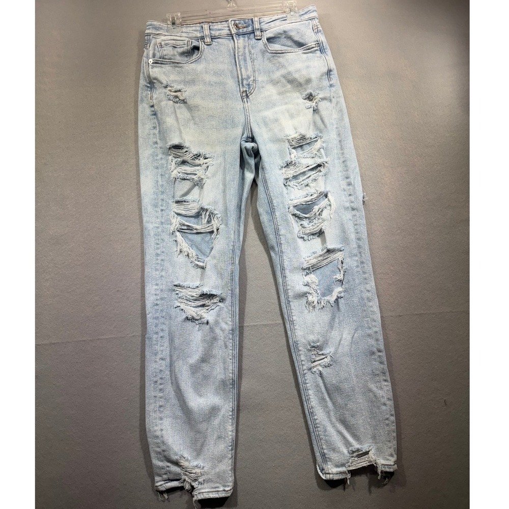 American Eagle Light Wash Distressed Mom Jeans High Waisted Ripped Denim